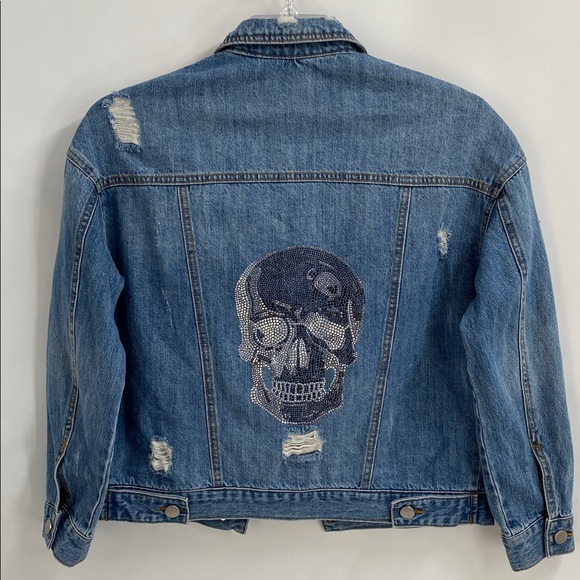 Hipchik Couture Skull Crystal Distressed Blue Denim Jacket Cotton Casual Size M - Picture 8 of 12